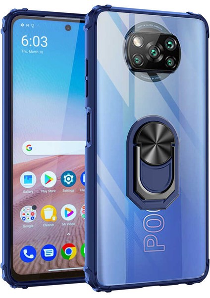 Xiaomi Poco X3 Kılıf Sert Silikon Dayanıklı Şeffaf Renkli Yüzüklü Mola Kapak