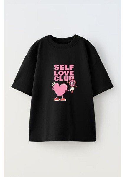 Self Love Club Ön Baskılı Pamuk Siyah Oversize T-Shirt