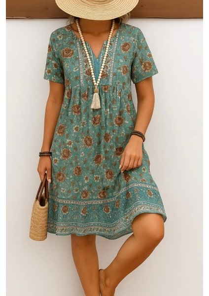 Kadın Kısa Kollu Yakası Bağcıklı Önden Düğmeli Fırfır Desenli Süprem Elbise