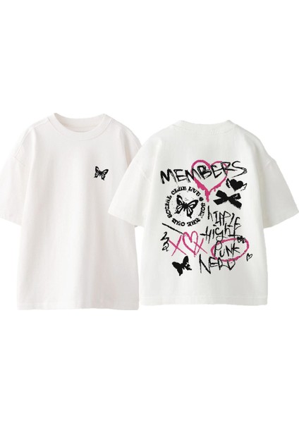 Members Love Tasarım Sırt Baskılı Pamuk Beyaz Oversize T Shirt