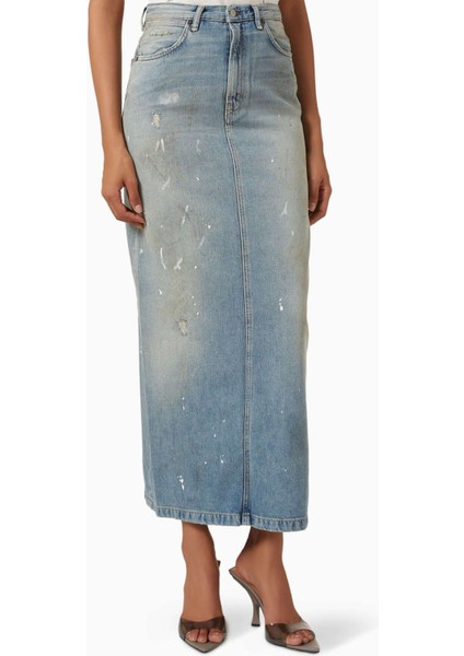 Açık Mavi Denim Etek - Distressed Detaylı, 60% Pamuk 40% Lyocell, Rahat ve Şık