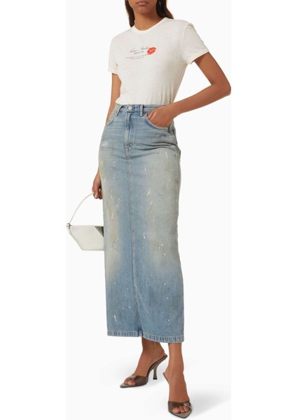 Açık Mavi Denim Etek - Distressed Detaylı, 60% Pamuk 40% Lyocell, Rahat ve Şık fiyatları