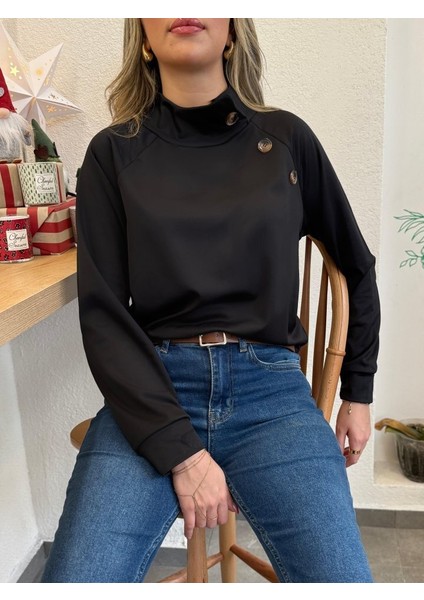 Kadın Uzun Kollu Balıkçı Yaka Düğme Detay şardonlu Dalgıç Bluz