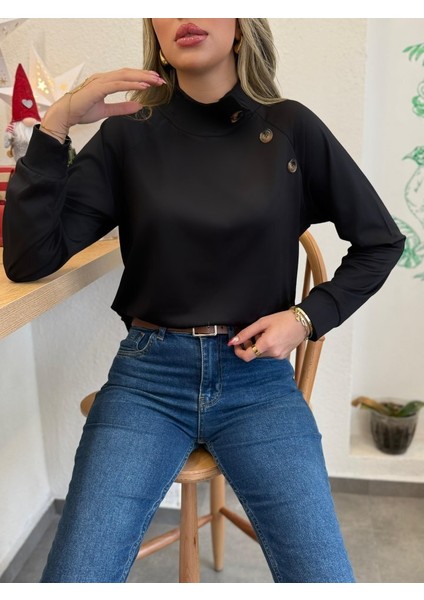 Kadın Uzun Kollu Balıkçı Yaka Düğme Detay şardonlu Dalgıç Bluz modelleri