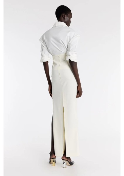 Inci Beyazı Yüksek Bel Maxi Kalem Etek Yırtmaç ve Kesik Detaylı Modern Şıklık modelleri