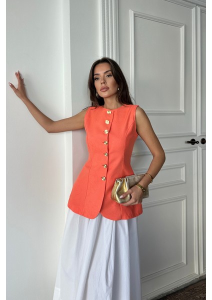 JAKAR KETEN YELEK BELDEN OTURTMALI GOLD DÜĞMELİ - Orange fiyatları