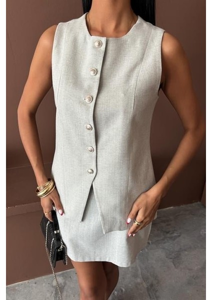 Uzun Yelek Mini Etek Flamlı Keten Takım 10148 fırsatları