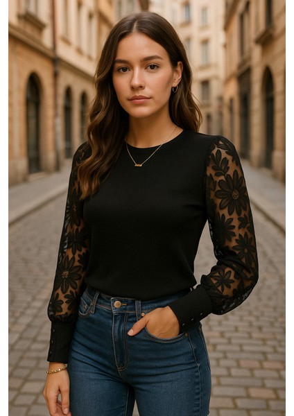 Kadın Uzun Kollu Bisiklet Yaka Kolları çiçekli Waffle Bluz