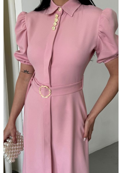 YAKA DÜĞME DETAYLI ELBİSE- Pembe modelleri