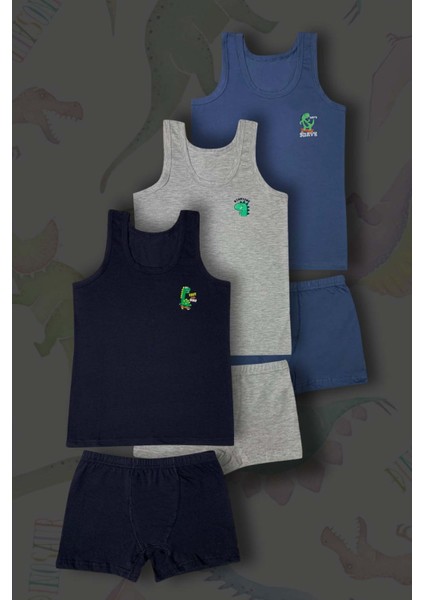 3'lü Erkek Çocuk Dinazor Baskılı Pamuklu Çamaşır Takımı