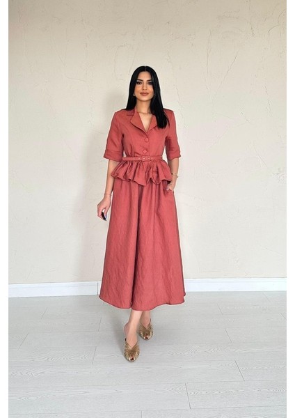 Moccah İnce Kemerli Fırfırlı Ceket Ve Büzgülü Etek Takım modelleri