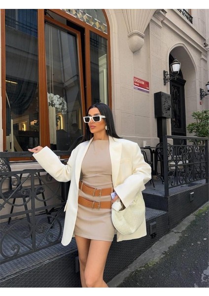 POLYVİSCON ÇİFT KEMER DETAYLI ELBİSE - Bej modelleri