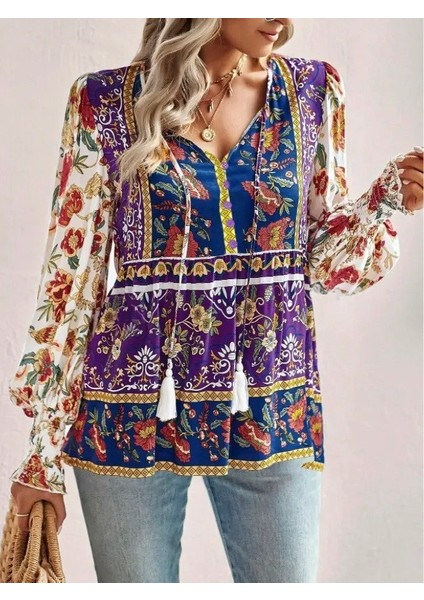 Kadın Uzun Kollu Yakası Açık Bağcıklı Çiçek Desenli Salaş Bluz fiyatları