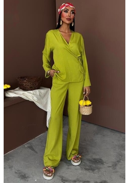 Kruvaze Model Klasik Pantolonlu Çupra Keten Takım 10191