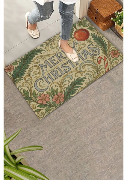 Çiçek Süslemeli Krem Merry Christmas Welcome Hoş Geldiniz Kapı Önü Paspası 45X70CM
