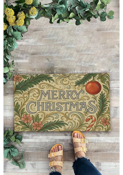Çiçek Süslemeli Krem Merry Christmas Welcome Hoş Geldiniz Kapı Önü Paspası 45X70CM fiyatları