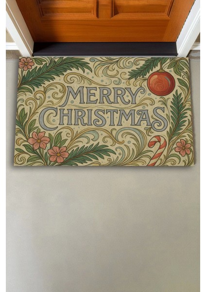 Çiçek Süslemeli Krem Merry Christmas Welcome Hoş Geldiniz Kapı Önü Paspası 45X70CM modelleri
