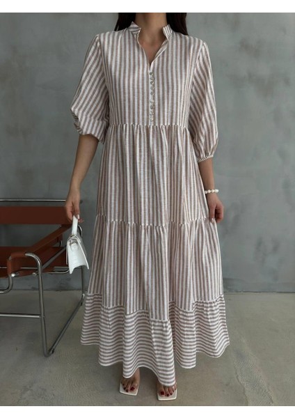 Çizgili Keten Hakim Yaka Düğmeli Salaş Elbise - Kahverengi