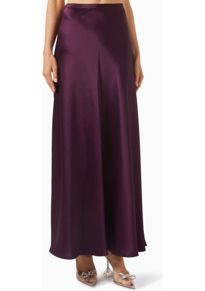 Koyu Mor Brosa Maxi Etek - Saten, Yandan Fermuarlı, Tam Astarlı, 76% Asetat, 24% Polyester