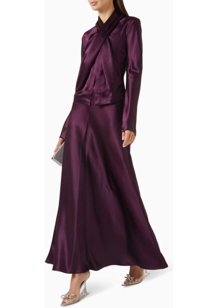 Koyu Mor Brosa Maxi Etek - Saten, Yandan Fermuarlı, Tam Astarlı, 76% Asetat, 24% Polyester fiyatları
