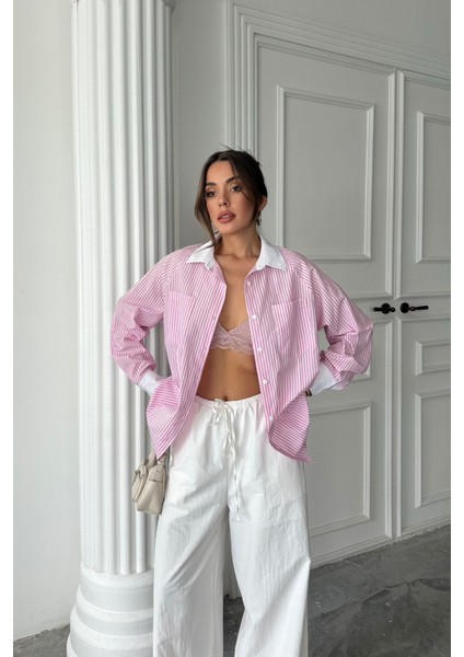 YAKA VE MANŞET BEYAZBOYFRİEND ÇİZGİLİPOPLİN GÖMLEK - Pembe fırsatları