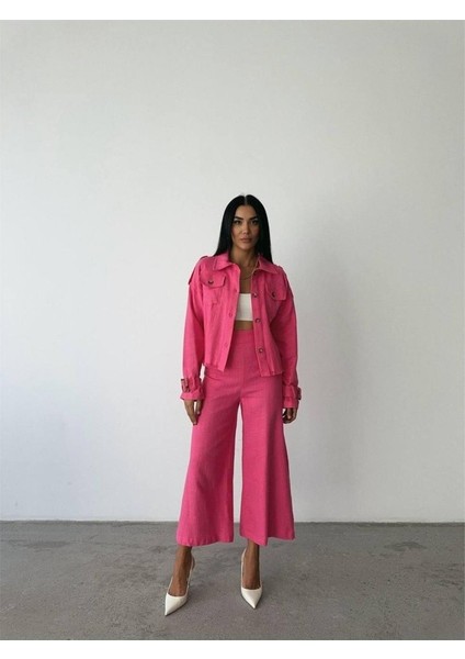 KETEN PÜSKÜL DETAYLI GÖMLEK-PANTOLON TAKIM - Fuşya