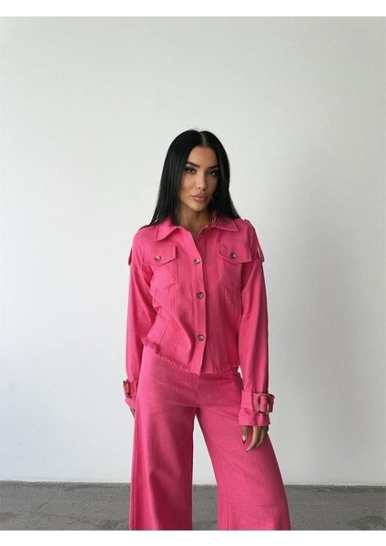 KETEN PÜSKÜL DETAYLI GÖMLEK-PANTOLON TAKIM - Fuşya fiyatları
