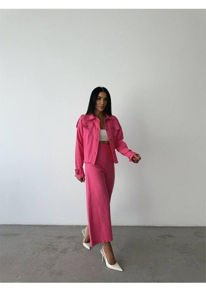 KETEN PÜSKÜL DETAYLI GÖMLEK-PANTOLON TAKIM - Fuşya modelleri