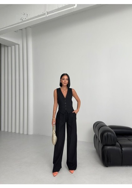 Keten Sirti Çapraz Geçi̇şli̇ Cepken Pantolon Takim