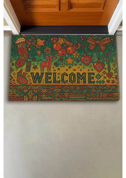 Geometrik Yılbaşı Noel Temalı Welcome Hoş Geldiniz Kapı Önü Paspası 45X70CM fiyatları