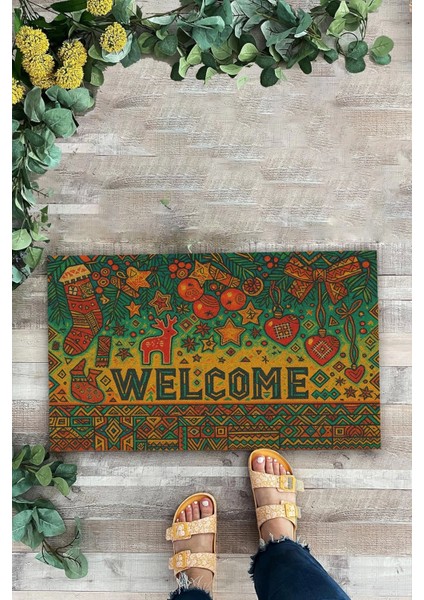 Geometrik Yılbaşı Noel Temalı Welcome Hoş Geldiniz Kapı Önü Paspası 45X70CM modelleri