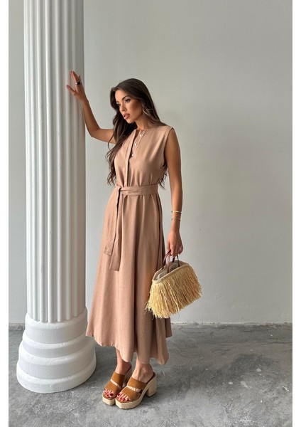 KETEN ELBİSE KOLSUZ BEL BAĞLAMALI MAXİ ELBİSE - Kahverengi