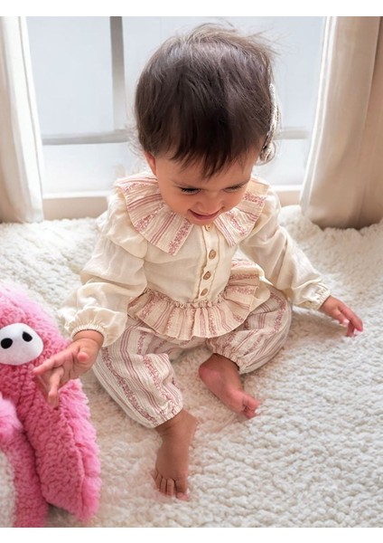 Wondress Kız Bebek&çocuk Çiçekli Çizgili Özel Gün Takım - Pembe