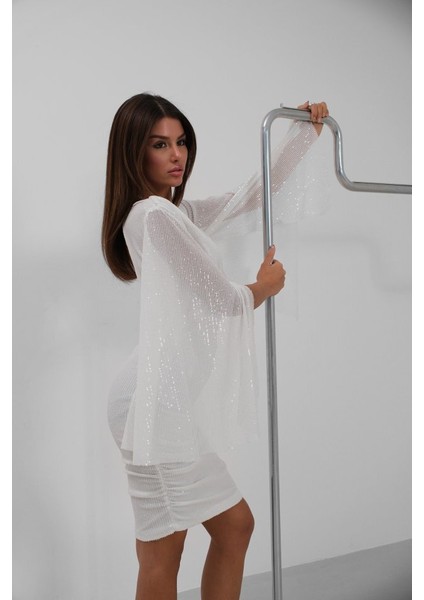 Yarasa Kol Kruvaze Sırt Dekolteli Pullu Elbise fiyatları