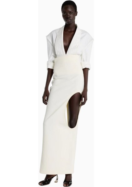 Inci Beyazı Yüksek Bel Maxi Kalem Etek Yırtmaç ve Kesik Detaylı Modern Şıklık