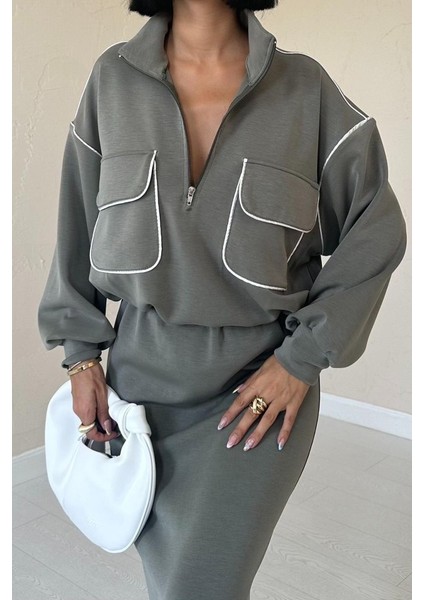 Haki Biyeli Sweatshirt ve Etek Takım modelleri