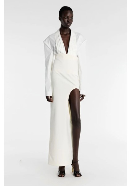 Inci Beyazı Yüksek Bel Maxi Kalem Etek Yırtmaç ve Kesik Detaylı Modern Şıklık fırsatları