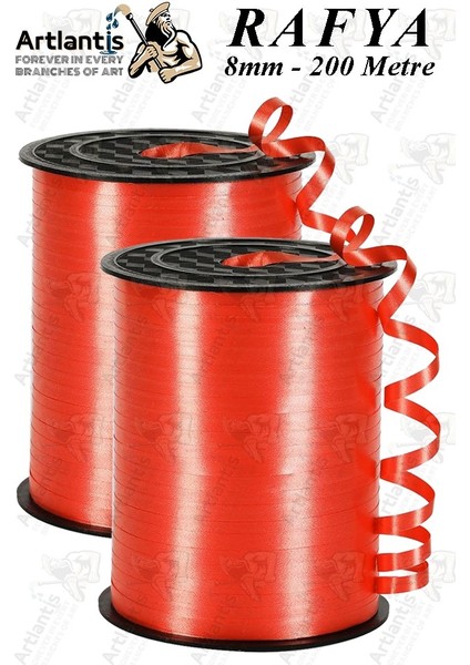 Kırmızı Rafya Şerit Kurdela 2 Adet 8mm 200 Metre Rabant Rafya Renkli Hediye Paketleme Ipi Kurdela Balon Bağlama Ponpon