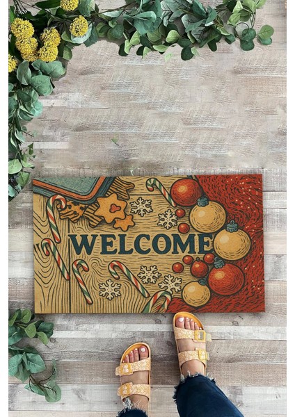 Yılbaşı Baston Şekerli Noel Temalı Welcome Hoş Geldiniz Kapı Önü Paspası 45X70CM fiyatları