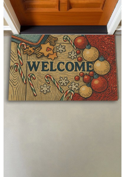 Yılbaşı Baston Şekerli Noel Temalı Welcome Hoş Geldiniz Kapı Önü Paspası 45X70CM modelleri