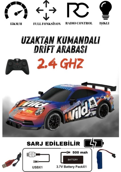 Uzaktan Kumandalı Turuncu Yarış Arabası 2.4 Ghz Renkli LED Işıklı 1:18 Boy