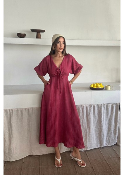 V YAKA DÖKÜMLÜ ELBİSE - Pembe