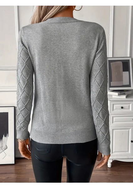 Kadın Uzun Kollu Bisiklet Yaka Geometrik Desenli Triko Bluz indirimleri