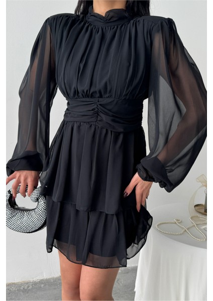 ŞİFON KATLI UZUN KOL ELBİSE - Siyah fiyatları