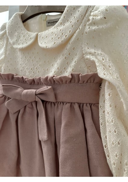 Kız Bebek/çocuk Fiyonklu Keten Elbise - Pudra