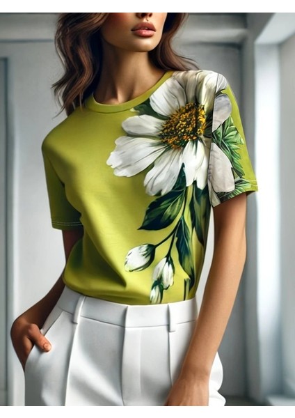 Kadın Kısa Kollu Bisiklet Yaka Çiçek Baskılı Süprem Bluz