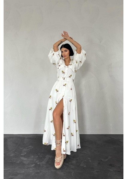 Kahverengi Yakası Çiçek Motifli Kemerli Elbise