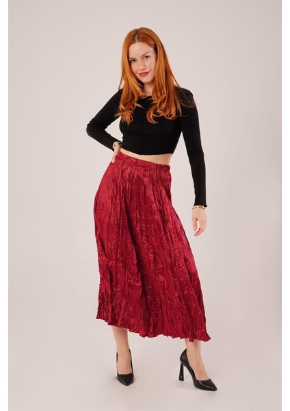 Midi Boy Pileli Saten Bordo Etek modelleri