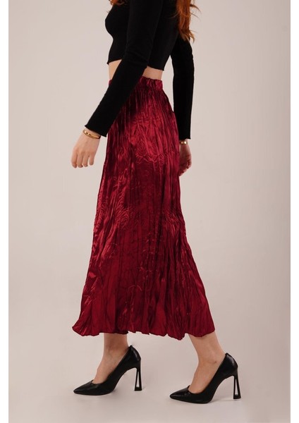 Midi Boy Pileli Saten Bordo Etek fırsatları