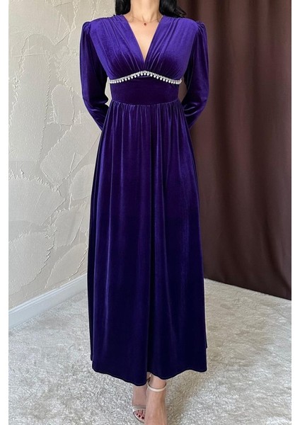 Mor Göğüs Altı Taşlı Elbise fiyatları